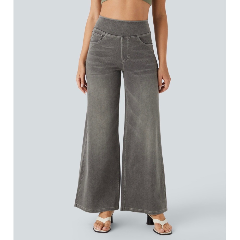 Halara Flex High Waisted Baggy Wide Leg Washed Casual Jeans Gray XS Petite